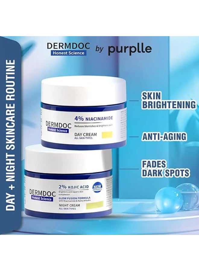 DERMDOC Ultimate Skin Brightening 4% Niacinamide Face Day Cream (50 gm) for Glowing Skin & Improved Texture + 2% Kojic Acid Night Cream (50 gm) with Niacinamide & Alpha Arbutin for Dark Spot Reduction, Anti-Aging, and Even-Toned Radiance – Pack of Two - Image 3